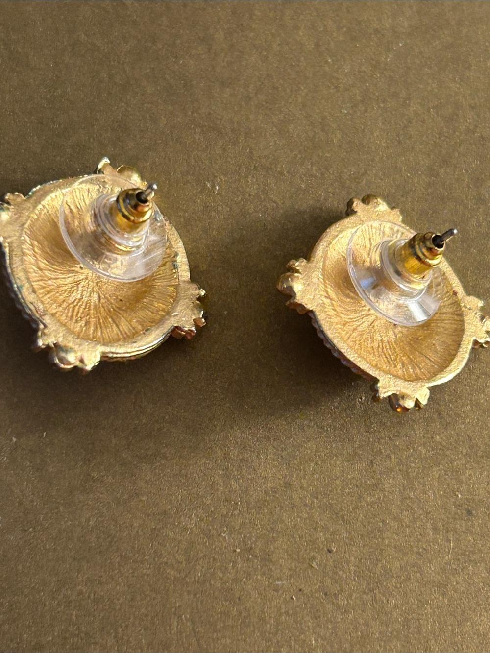 Earrings Renaissance look Goldtone ovals aqua blue cabochon & crystals. Pierced - Picture 7 of 7
